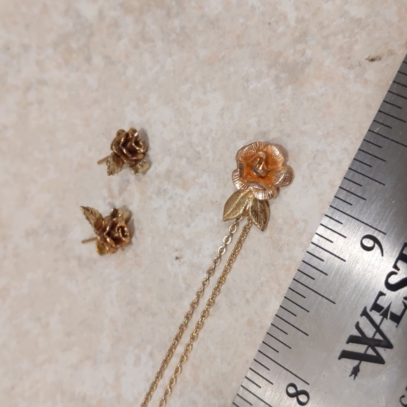 4 for $50 Fashion Jewelry Set Necklace Earrings Rose Gold Roses with Gold Leaves - Picture 6 of 7
